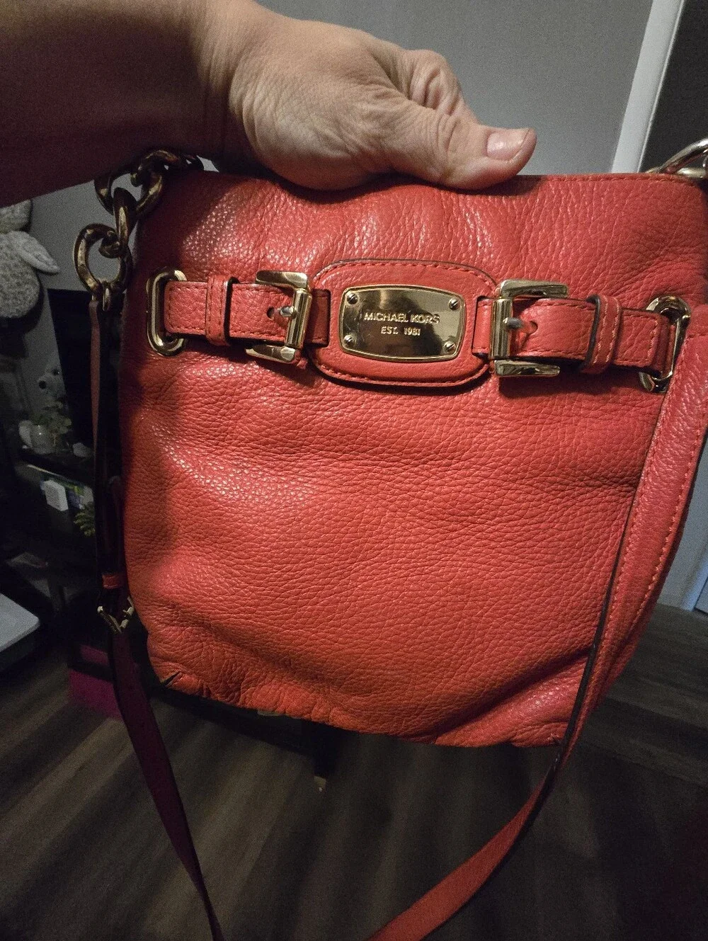 Michael Kors Orange-Red Pebble Leather Crossbody with Gold Hardware
